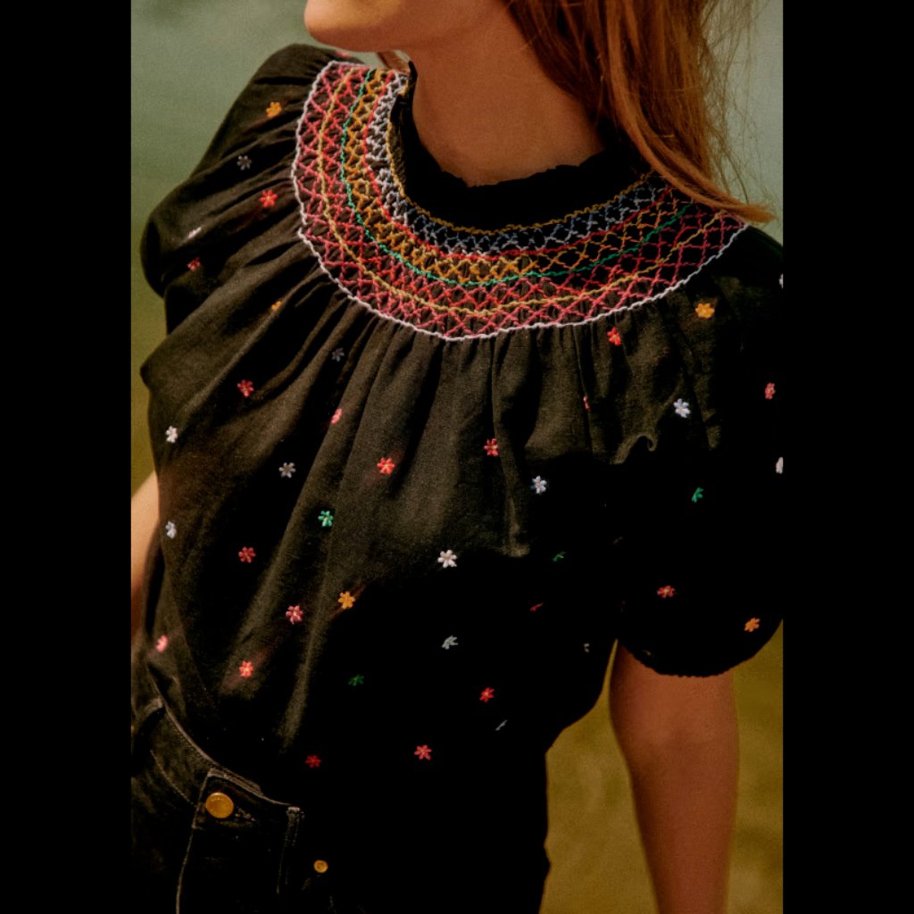Sezane Black Dakota Embroidered Ruffled Yoke Blouse With Multicolor Flowers